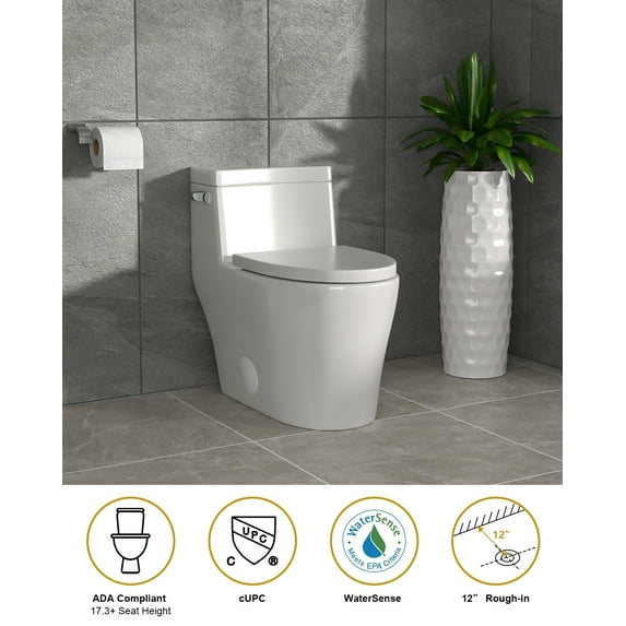 Toilet, Dcolora One Piece Toilet for Bathroom Single Flush Seat Height 15.75" White Ceramic Toilet, ivory white 12" Rough-in Siphonic Flush, 1.28 GPF, 29"x15"x26"