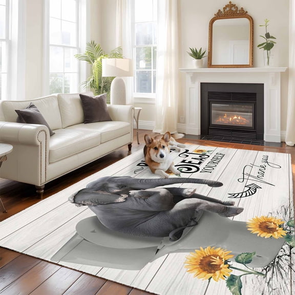 Toilet Elephant Area Rug 5x8 FT, Non Slip Bedroom Throw Carpet, Funny Animal Sunflower Oil Painting Washable Soft Floor Carpet Non-Shedding Rug for Living Room Nursery Dorm Office