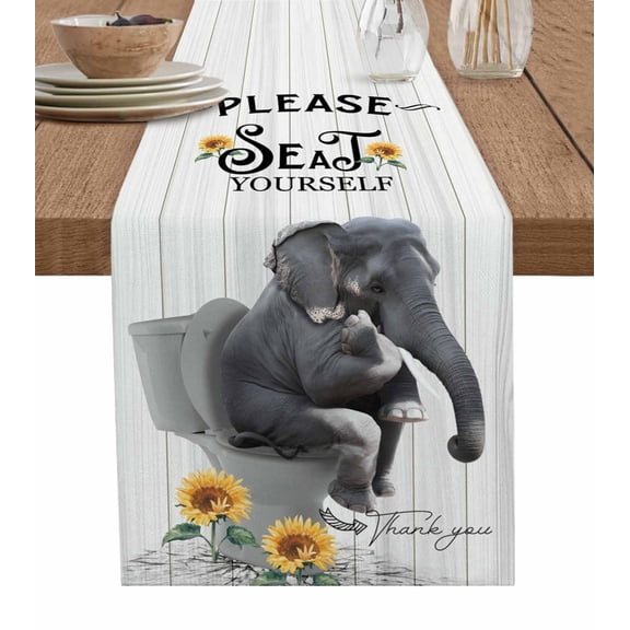 Toilet Elephant Burlap Cotton Table Runner 13x60 Inches Long, Funny Animal Sunflower Oil Painting Farmhouse Table Runners, Outdoor Dining Tablecloths Decor for Baby Shower/Party/Wedding