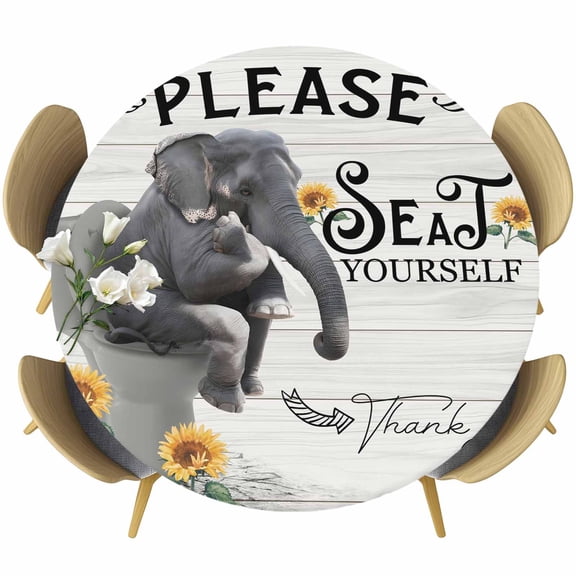 Toilet Elephant Round Tablecloth 36-44 Inch Round Fitted Table Cloth with Elastic Edge, Funny Animal Sunflower Oil Painting Waterproof Table Cover Protector for Outdoor Picnic Party Dining