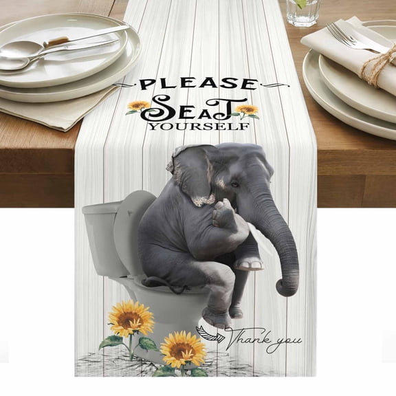 Toilet Elephant Table Runner - 48 Inch Long, Kitchen Dining Table Runner Dresser Scarves, Funny Animal Sunflower Oil Painting Farmhouse Decor for Coffee Tables Wedding Party Banquet
