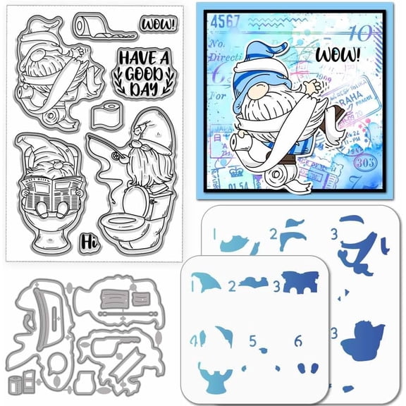 Toilet Gnome Clear Stamps Cutting Dies PET Painting Stencils for Card Making Dwarf Fishing Silicone Stamp Metal Greetings Die Cuts PET Paint Stencils for DIY Scrapbooking
