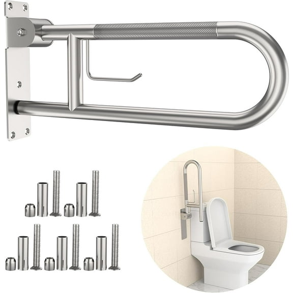 Toilet Grab Bar 22.4 Inch,Brushed Nickel Anti-Slip Support Rail, U Shaped Flip-Up Grab Bar with Paper Holder, Stainless Steel Knurled Handicap Safety Handrails for Disabled Elderly Pregnant