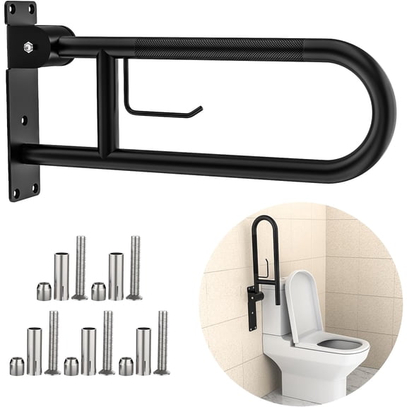 Toilet Grab Bar 22.4 Inch, ZUEXT Flip Up Grab Bar with Paper Holder, Matte Black Anti-Slip Safety Bars for Toilet, Stainless Steel Knurled Toilet Handles for Seniors Disabled Elderly Pregnant