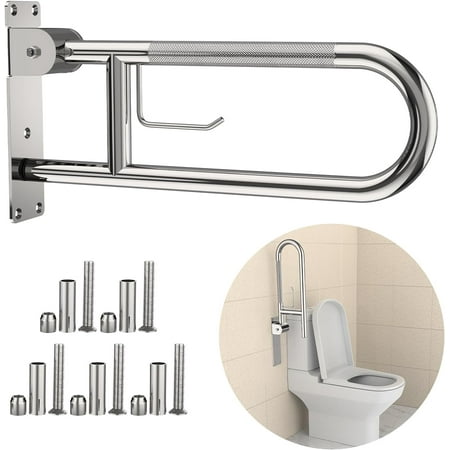 Toilet Grab Bar 22.4 Inch, ZUEXT U Shaped Anti-Slip Support Rail, Flip-Up Bathroom Grab Bar with Paper Holder, Stainless Steel Knurled Handicap Safety handrails for Elderly Disabled Pregnant