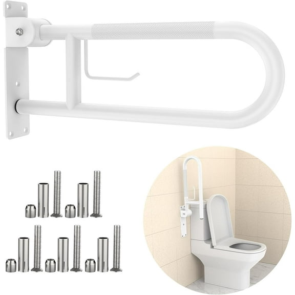 Toilet Grab Bar 22.4 Inch, ZUEXT White Anti-Slip Support Rail, U Shaped Flip-Up Grab Bar with Paper Holder, Stainless Steel Knurled Handicap Safety Handrails for Disabled Elderly Pregnant