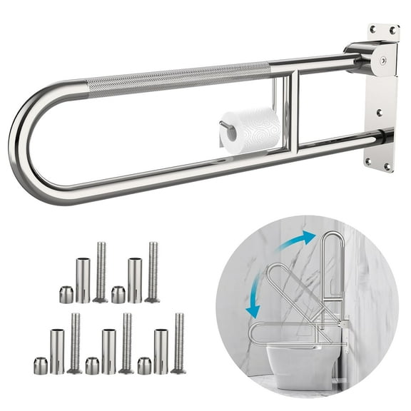 Toilet Grab Bar 30.3 Inch Chrome,Anti-Slip Handicap Grab Bars with Paper Holder, Flip-Up Bathroom Safety Rails, Stainless Steel Knurled Support handrails for Seniors Elderly Disabled Pregnant