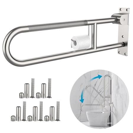 Toilet Grab Bar 30.3 Inch, ZUEXT Anti-Slip Handicap Grab Bars with Paper Holder, Flip-Up Bathroom Toilet Safety Rails, Stainless Steel Knurled Support handrails for Seniors Elderly Disabled Pregnant