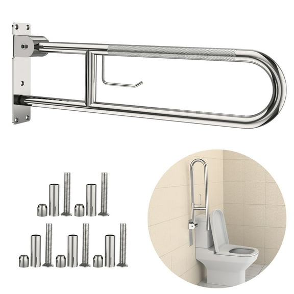 Toilet Grab Bar 30.3 Inch, ZUEXT Flip Up Grab Bar with Paper Holder, Polished Chrome Anti-Slip Safety Bars for Toilet, Stainless Steel Knurled Toilet Handles for Seniors Disabled Elderly Pregnant