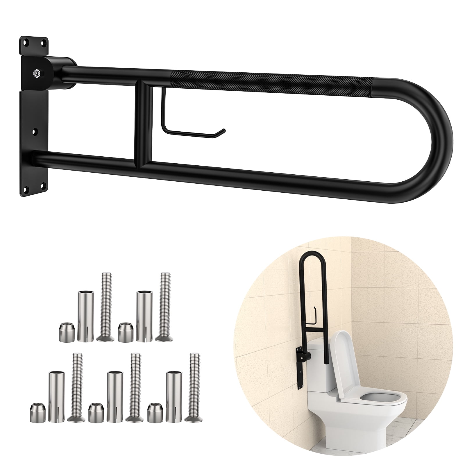Toilet Grab Bar 30.3 Inch, ZUEXT U Shaped Anti-Slip Black