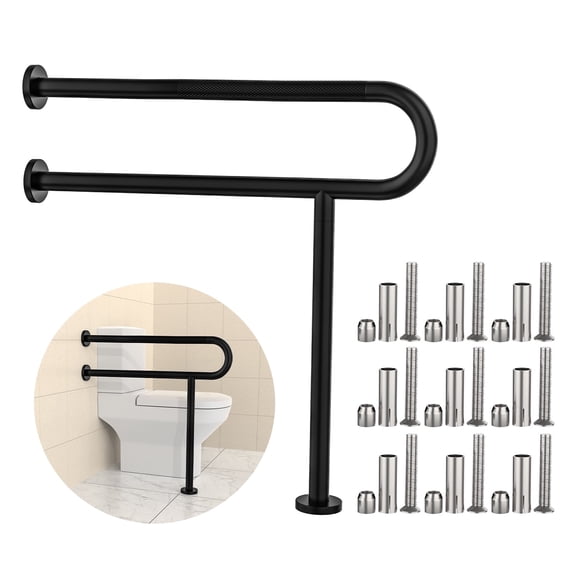 Toilet Grab Bar 31.3 Inch, ZUEXT Matte Black Anti-Slip Toilet Support Bars, Wall Mount Floor Grab Bar,Stainless Steel Knurled Handicap Grab Bar with Leg,Toilet Hand Rail for Elderly Disabled Pregnant