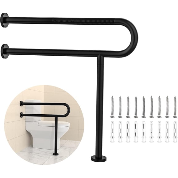 Toilet Grab Bar 32 Inch with Leg,  Matte Black Wall Mounted Safety Bar, Stainless Steel Anti-Slip Bathroom Support Rail for Elderly Disabled Pregnant