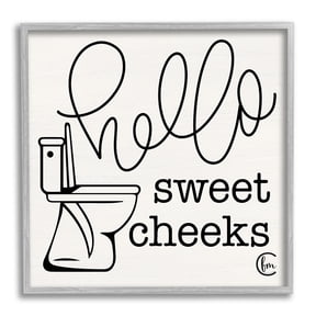 Toilet Hello Sweet Cheeks Black and White Curly Script Cursive Typography Typography Framed Art Print Wall Art, 17x17
