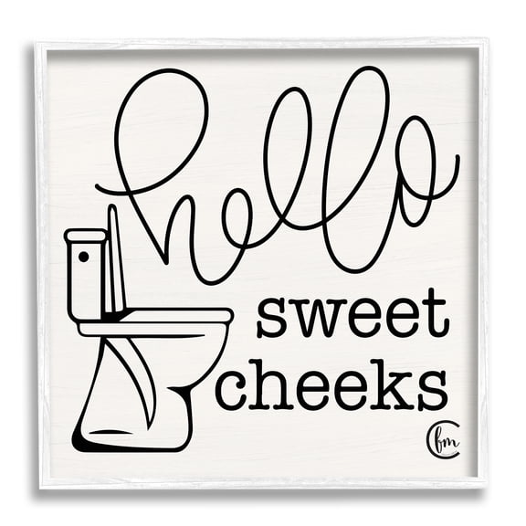 Toilet Hello Sweet Cheeks Black and White Curly Script Cursive Typography Typography Framed Art Print Wall Art, 17x17