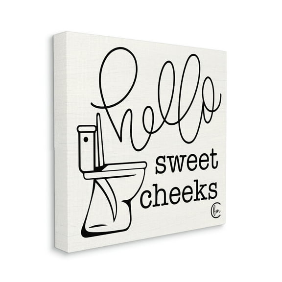 Toilet Hello Sweet Cheeks Black and White Curly Script Cursive Typography Typography Gallery-Wrapped Canvas Print Wall Art, 17x17