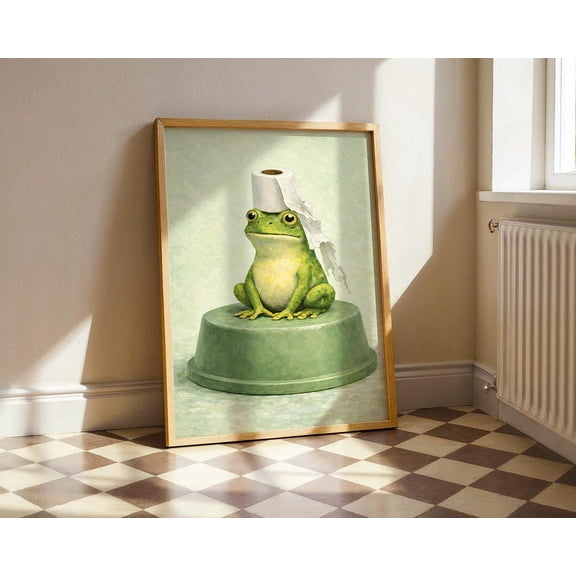 Toilet Humor Frog Wall Art, Sage Green Bathroom Poster, Meme Animal Decor Unframed Paper Print