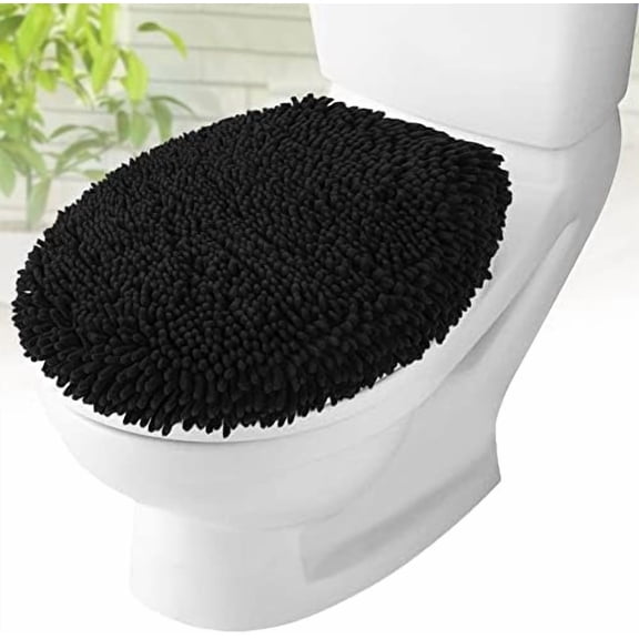 Toilet Lid Cover - Black, Plush Microfiber Oval Toilet Seat Covers for Bathroom, Machine Washable Elongated Toilet Cover Seat, Stretches up to 21"x19"