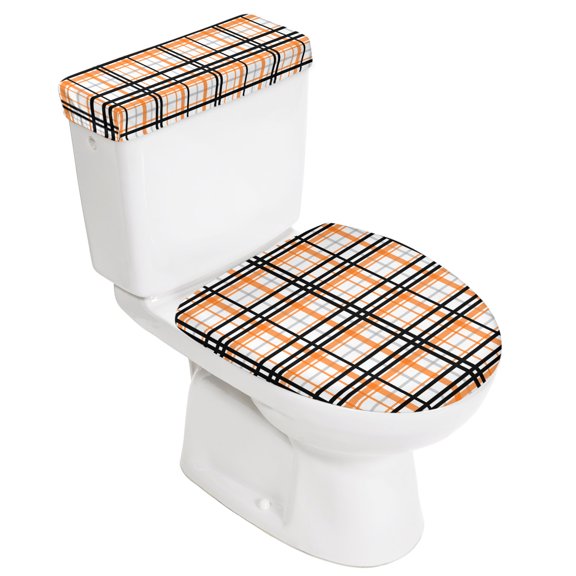 Toilet Lid Cover and Toilet Tank Cover 2 Pcs Orange Buffalo Plaid Toilet Covers with Elastic Bottom Black Check Stripe Fits Most Standard Toilet Lids and Tanks Bathroom Accessories