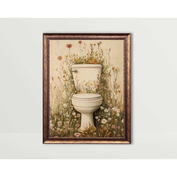 Toilet, Neutral Bathroom Wall Art Brown Beige Powder Room Poster Cute Floral Restroom Flowers Fun Guest Bath Posters, Unframed Poster Size 8x12