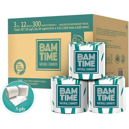 Toilet Paper,3-ply,100% Bamboo Toilet Paper, 12 Rolls, 300 sheets, 3600 Count, pack of 12, plastic free, Tree free, Biodegradable
