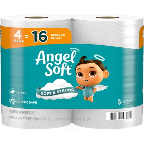 Toilet Paper, 4 Mega Rolls = 16 Regular Rolls, Soft and Strong Toilet Tissue, White