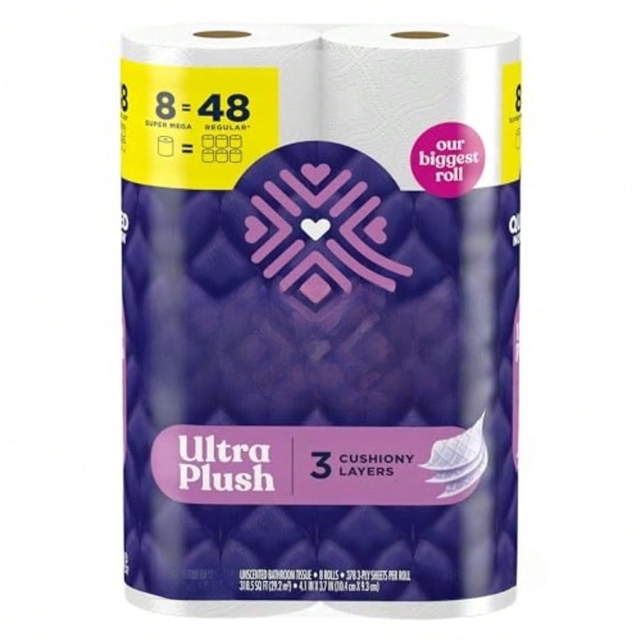 Toilet Paper, 8 Super Mega Rolls = 48 Regular Rolls, 3X Thicker*, 3 Ply Soft Toilet Tissue