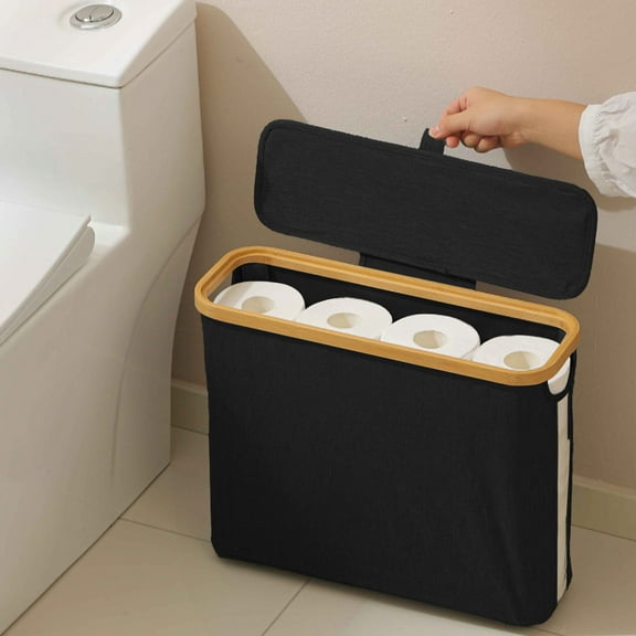 Toilet Paper Basket with Lid, Toilet Paper Storage, Bamboo Linen Fabric Bathroom Organizer, Toilet Paper Bin, Bathroom Accessories Holder Storage Basket, Toilet Paper Organizer Basket, Black