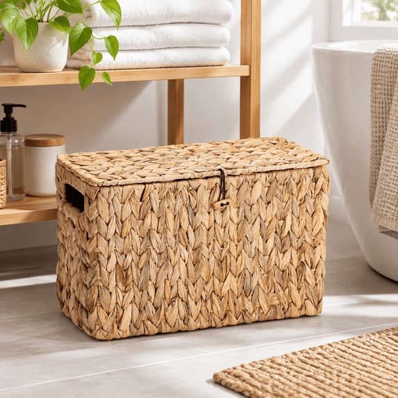 Toilet Paper Basket Wicker Water Hyacinth Holder With Handles And Lid ...
