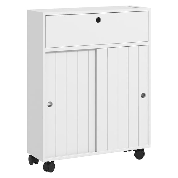 Toilet Paper Cabinet, Slim Bathroom Storage, 4 Wheels, White - Adjustable Shelf, Sliding Doors, Small Space Saver