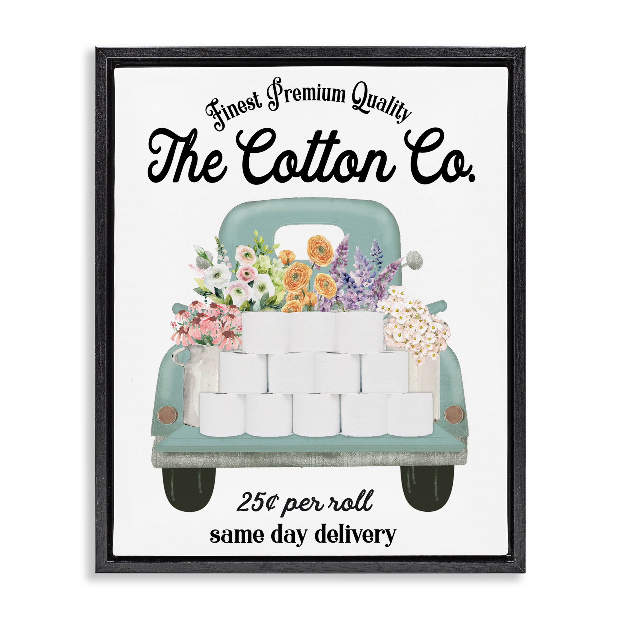 Toilet Paper Delivery Truck Black Framed Floater Canvas Wall Art, design by Lettered and Lined