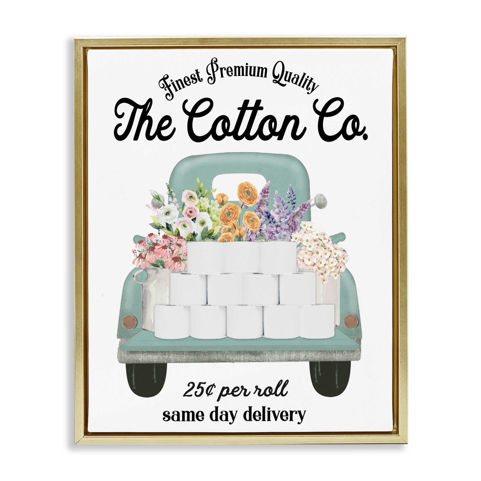Toilet Paper Delivery Truck Gold Framed Floater Canvas Wall Art, design by Lettered and Lined