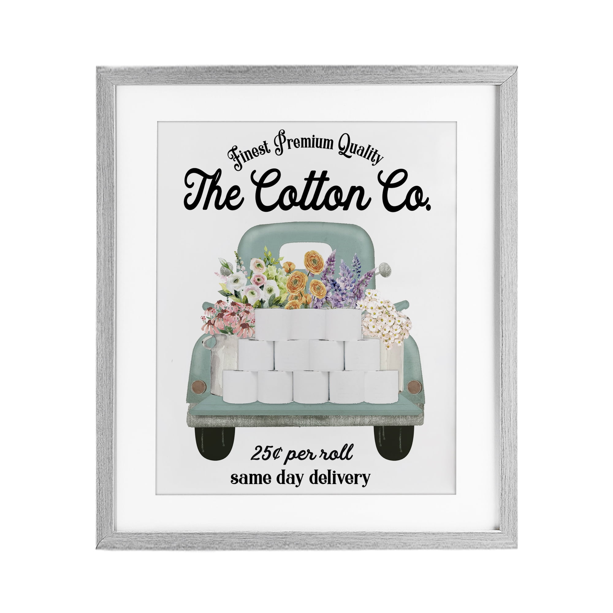 Toilet Paper Delivery Truck Gray Framed Print Under Glass, design by Lettered and Lined