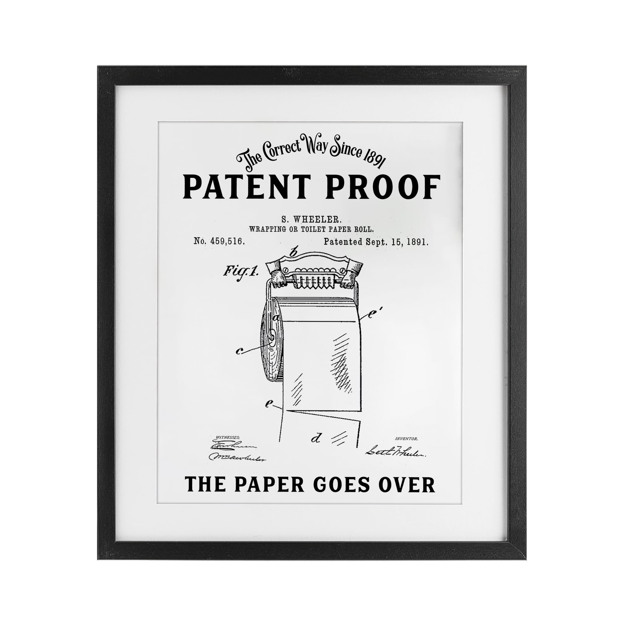Toilet Paper Goes Over Black Framed Print Under Glass, design by Lettered and Lined