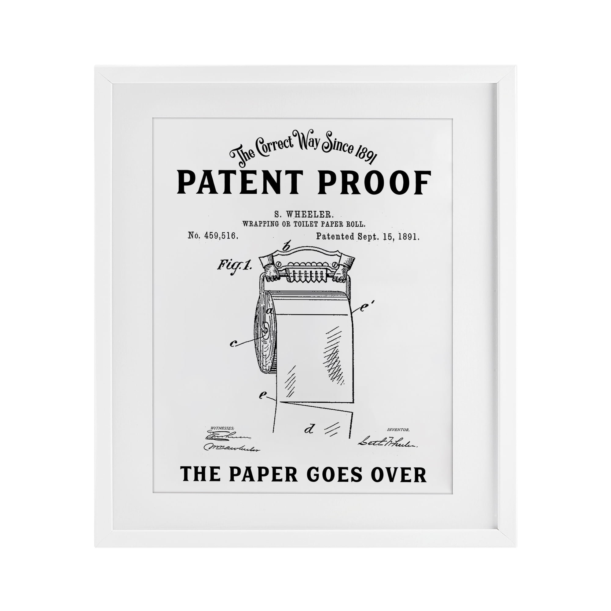 Toilet Paper Goes Over White Framed Print Under Glass, design by Lettered and Lined
