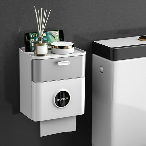 Toilet Paper Holder 1PC,8.11x5.35x8.11in,Wall-Mounted Wipes Dispenser Storage with Phone Shelf for Bathroom Organization Over Commode(White)