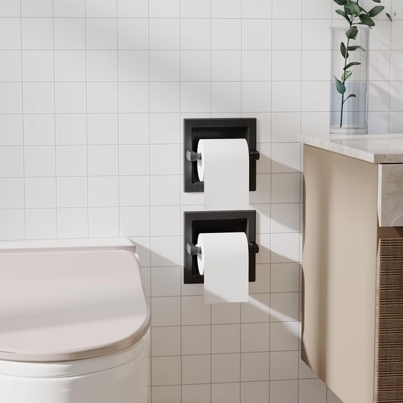 Toilet Paper Holder 2 Pack, Recessed Pivoting Toilet Paper Holder Wall Mount Stainless Steel for Large Rolls in Bathroom (Matte Black)