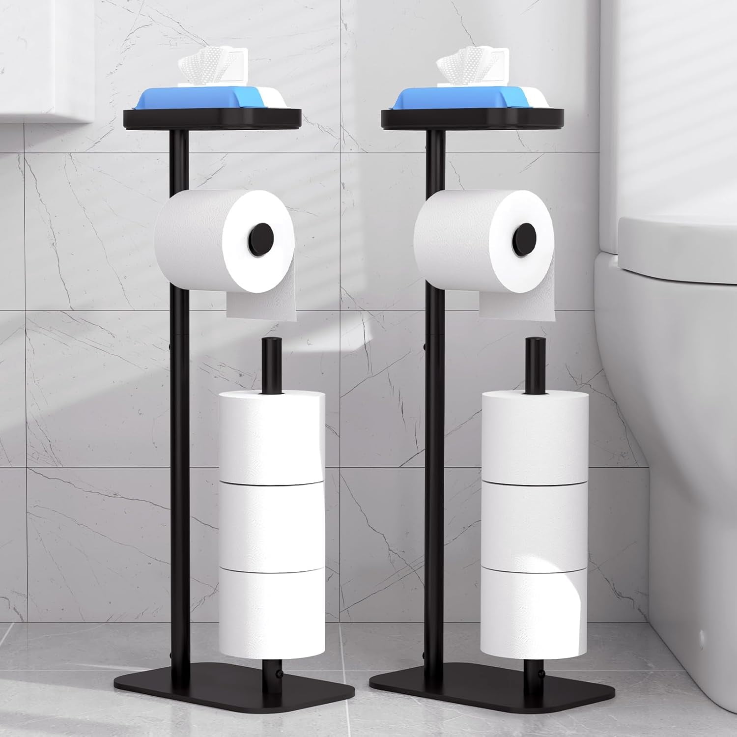Toilet Paper Holder Free Standing – Rustproof Metal Toilet Paper Stand for 4 Rolls with Anti-Slip Base and Shelf for Phone & Small Items, Bathroom Organizers and Storage, Medium