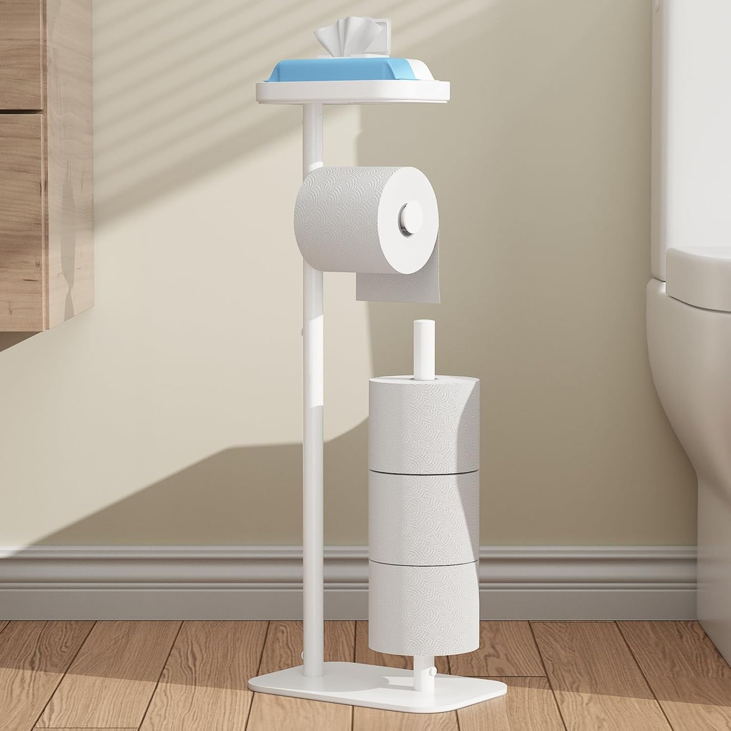 Free Standing Rustproof Metal Toilet Paper Holder – Toilet Paper Stand for 4 Rolls with Anti-Slip Base and Shelf for Phone & Small Items, Bathroom Organizers and Storage
