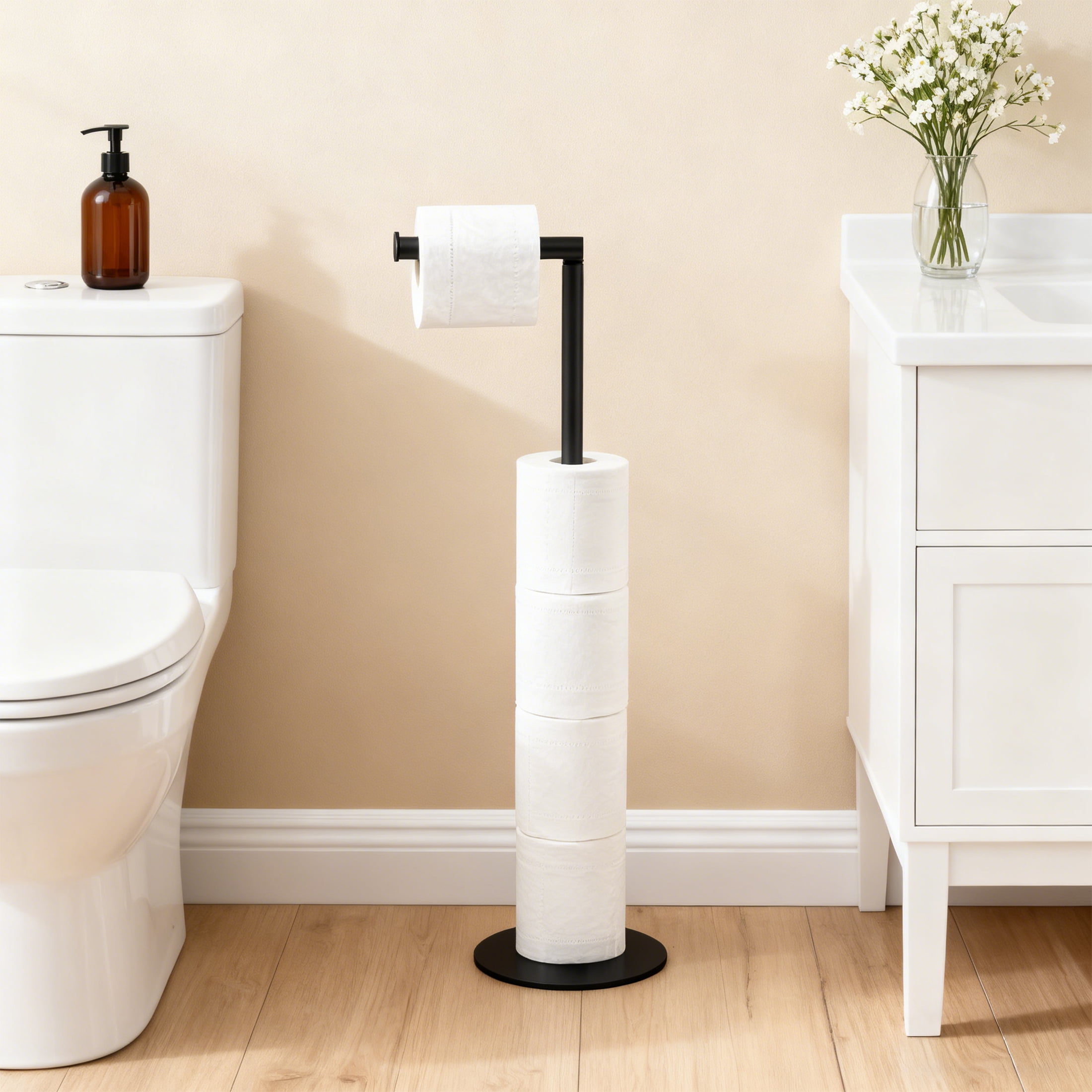 Toilet Paper Holder Stand, Free Standing Toilet Paper Roll Holder for 5 Spare Rolls, Modern Bathroom Toilet Paper Stand, Stainless Steel Paper Storage for Bathroom, Black