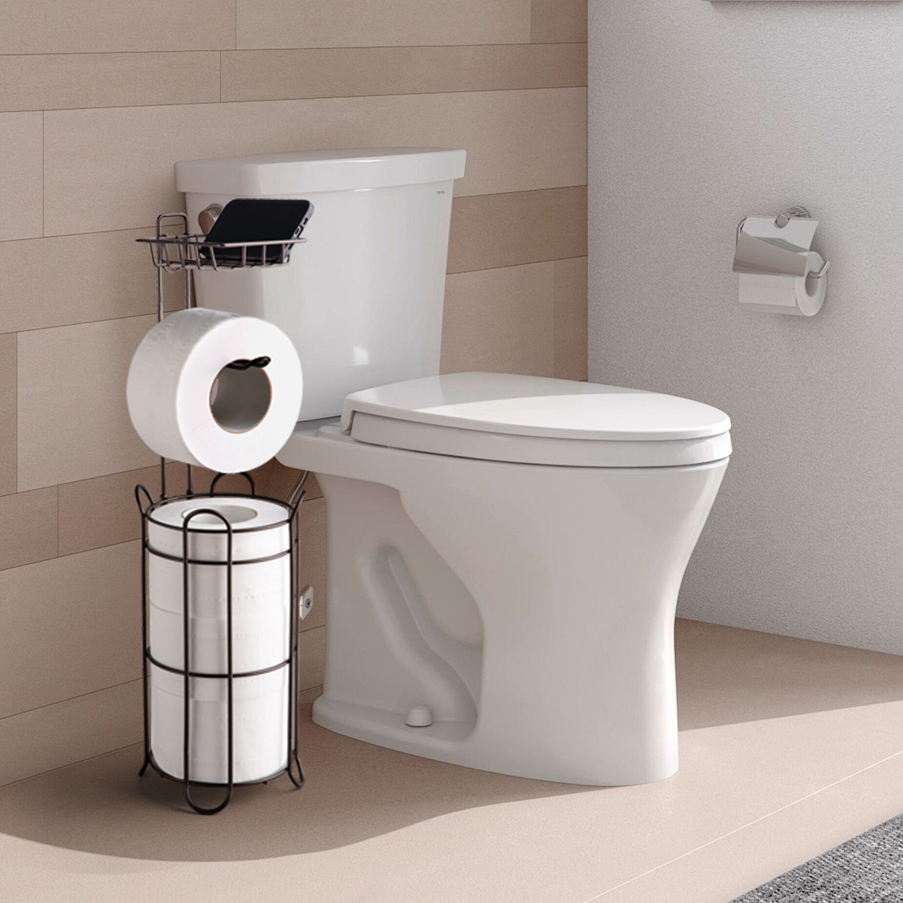 Toilet Paper Holder Holder with Shelf,Bathroom with Toilet Convenient Shelf, Holds Mega Rolls, Phone,Brown,