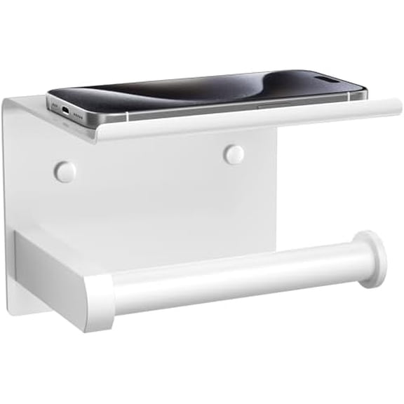 Toilet Paper Holder with Phone Shelf, Adhesive or Screw Wall Mount Toilet Tissue Roll Holder, Rustproof & Multifunctional Stainless Steel Bathroom Storage Dispenser (White)