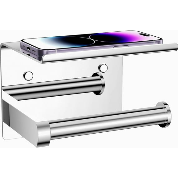 Toilet Paper Holder with Phone Shelf, Adhesive or Screw Wall Mount Toilet Tissue Roll Holder, Rustproof & Multifunctional Stainless Steel Bathroom Storage Dispenser (Brushed Nickel)