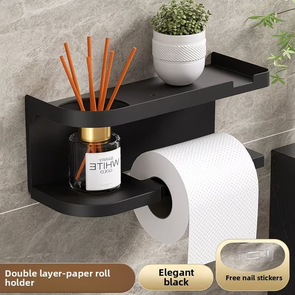 Toilet Paper Holder with Shelf Adhesive or Screw Bathroom Toilet Paper Roll Holders Wall Mount Matte Black Tissue Holder for Bathroom Hardware Accessories