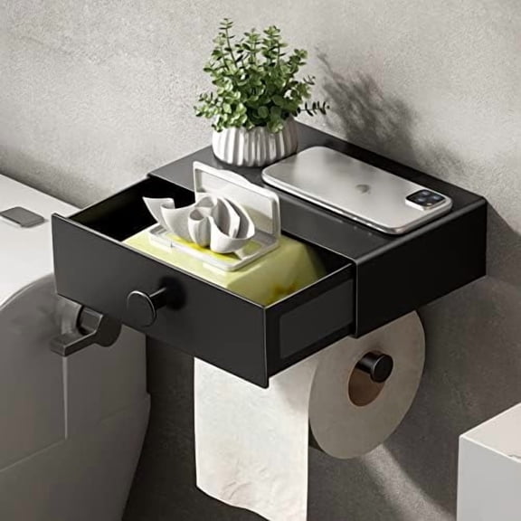 Toilet Paper Holder with Shelf Black Wipes Dispenser for Bathroom Toilet Paper Holder with Storage Upgrade Drawer Design Toilet Tissue Holder Adhesive Small Bathroom Shelf Wall Mount