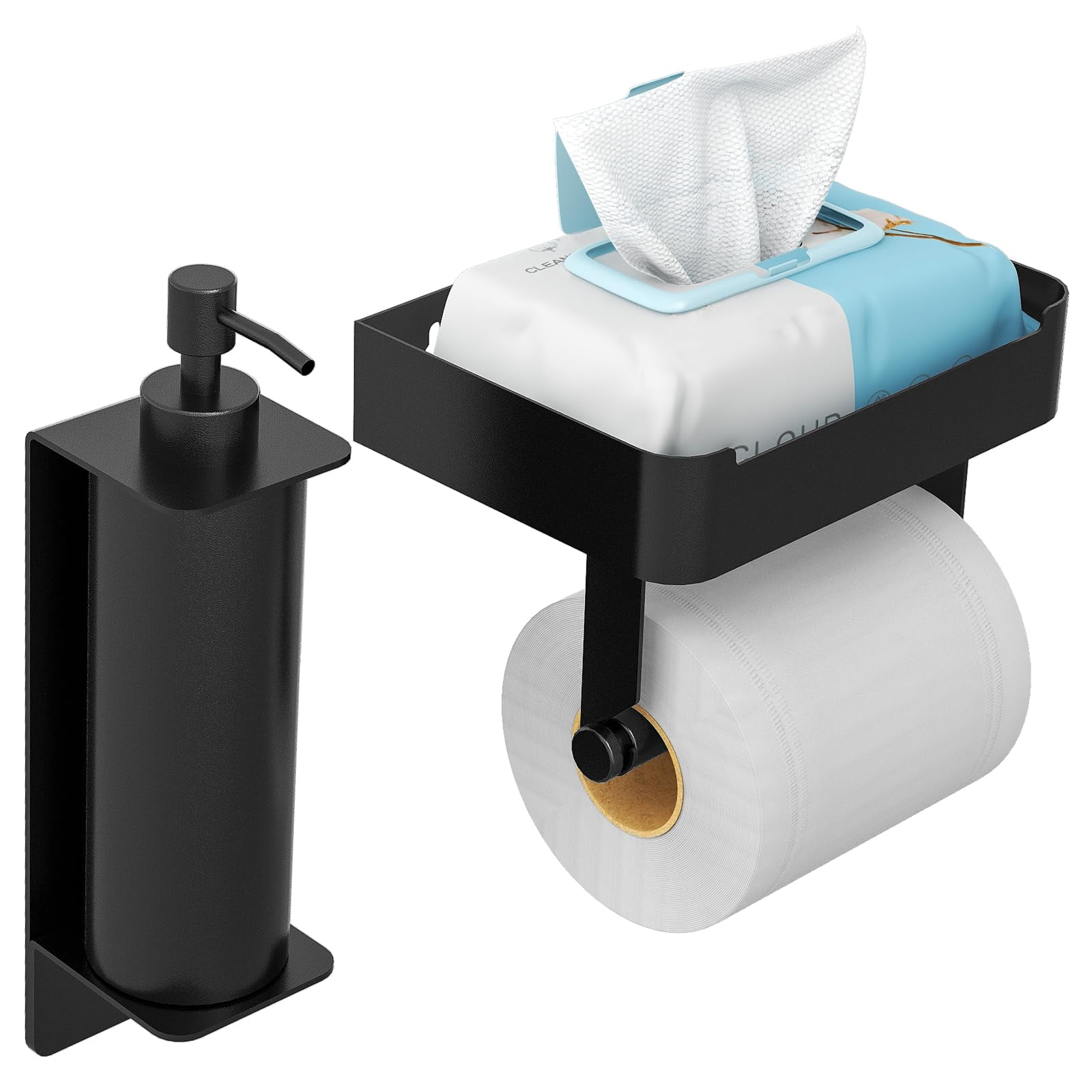 Toilet Paper Holder With Wipes Storage - Wall Mount Dispenser, Black