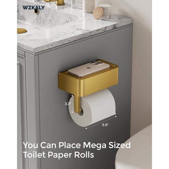 Toilet Paper Holder with Shelf, Wipes Holder for Bathroom, Flushable Wipes Dispenser, Stainless Steel Toilet Paper Roll Holder with Storage for Wet Wipes Wall Mounted (Gold, Regular Roll)