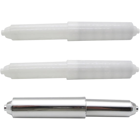 Toilet Paper Holder Spring Rod – Adjustable 3.75–6.5 Inch Replacement Roller Spindle for Bathroom Tissue Dispensers – Spring-Loaded Bar – 2 White + 1 Chrome – Pack of 3