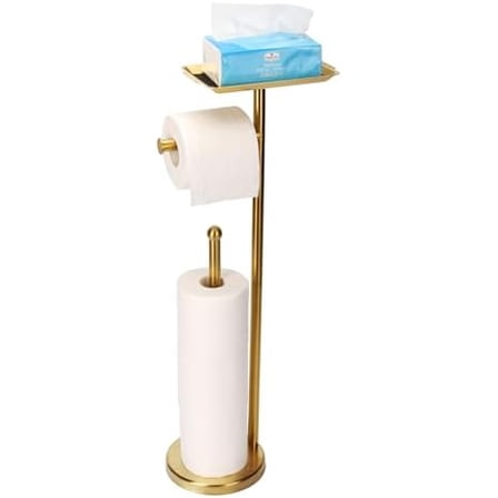 Toilet Paper Holder Stand for Bathroom Floor Freestanding Toilet Roll Dispenser Storages 4 Reserve Rolls, with Top Storage Shelf for Cell Phone (Brushed Gold)