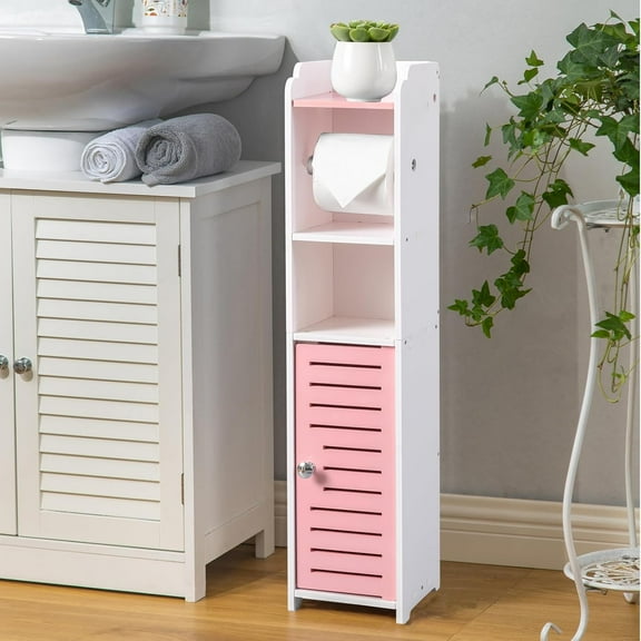 Toilet Paper Holder Stand: Bathroom Storage Cabinet Beside Toilet for Small Space Bathroom with Toilet Roll Holder - White