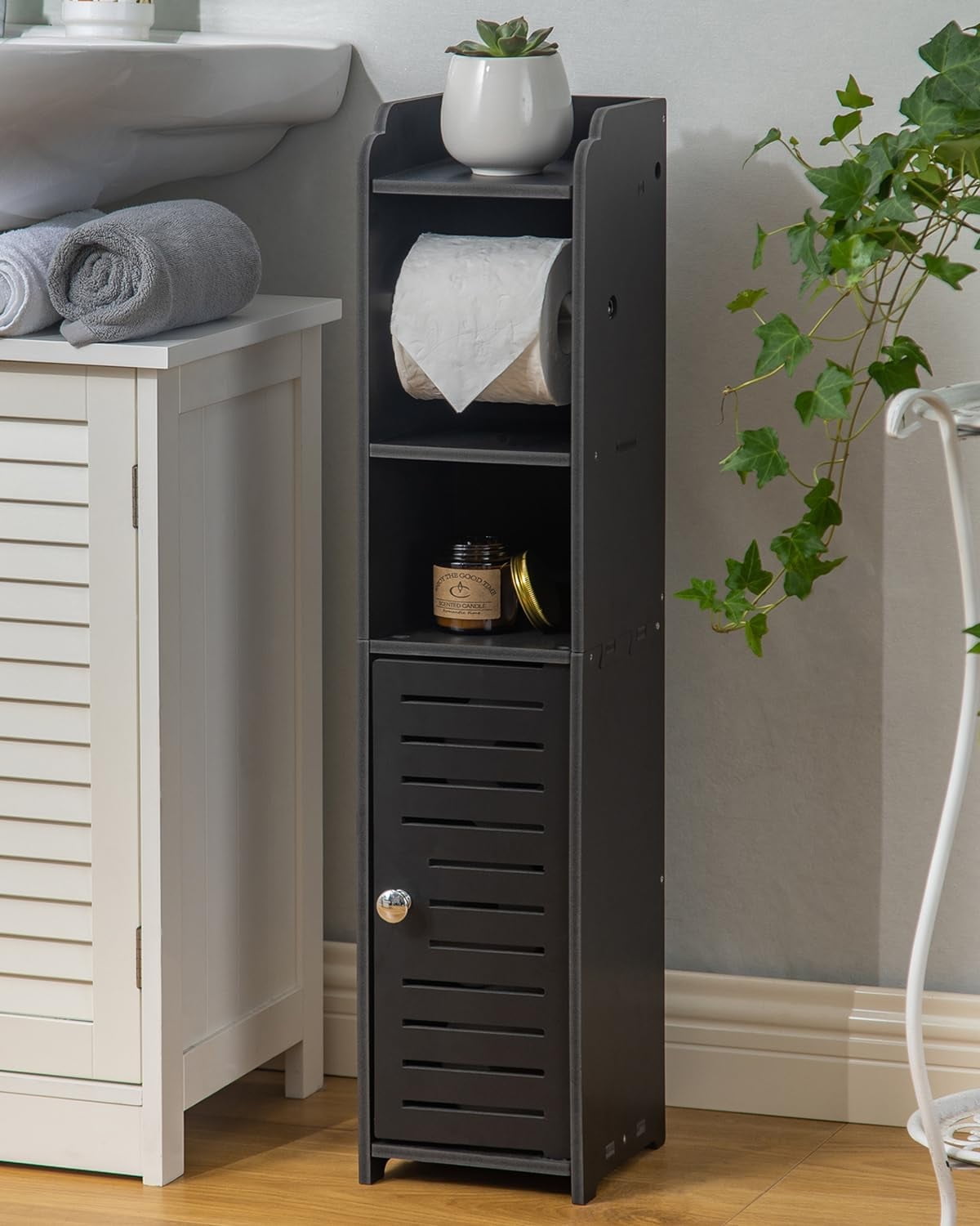Toilet Paper Holder Stand: Bathroom Storage Cabinet Beside Toilet Storage for Small Bathroom with Toilet Roll Holder - Black
